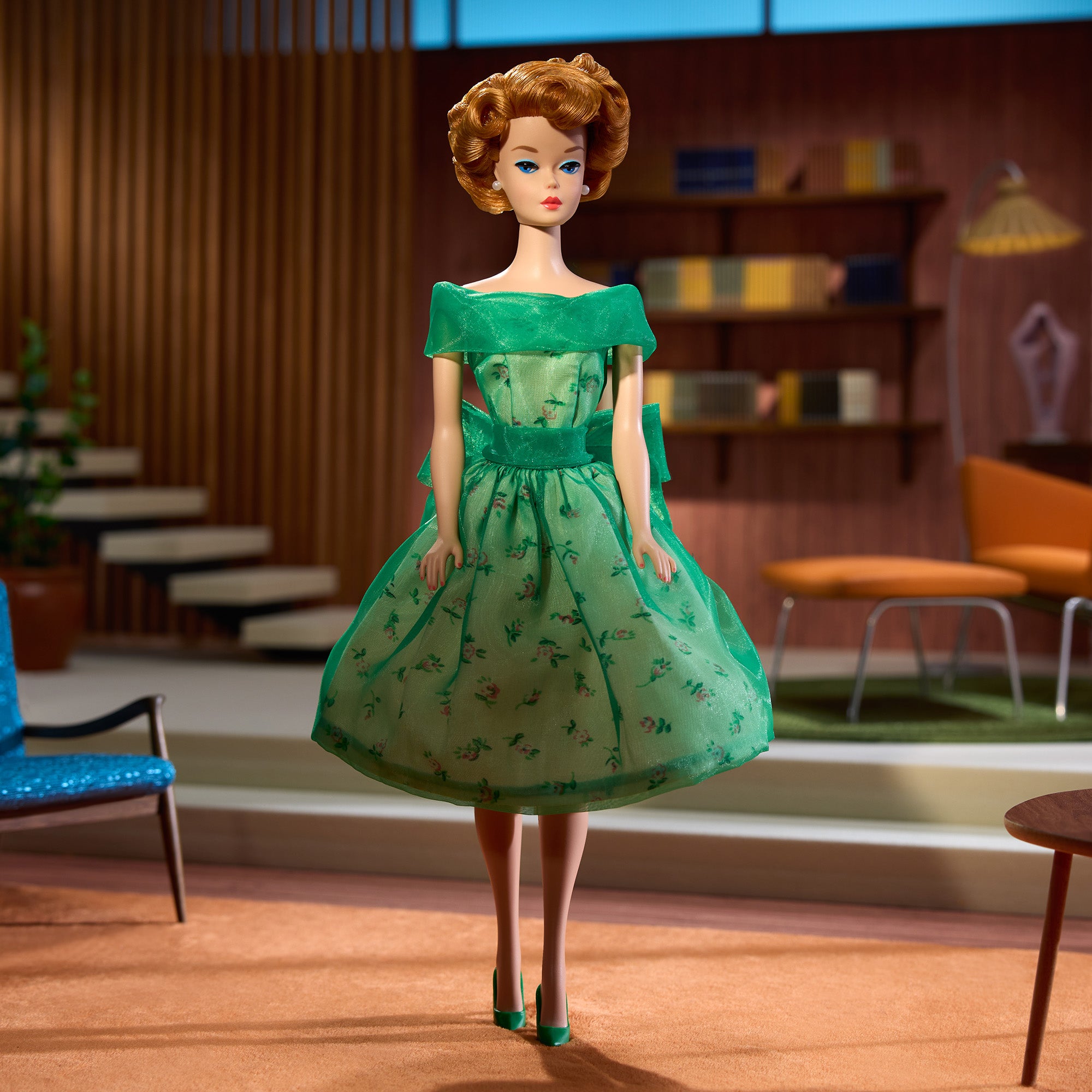 barbie in green dress NiniMomo l One-of-a-Kind Dolls | This design was inspired by Versace Atelier from years ago. Love the color for Barbie! #ninimomoinc #barbieooak #ooakbarbie Sweet lavender block heels brighten her look even more Reunited with my childhood beauty