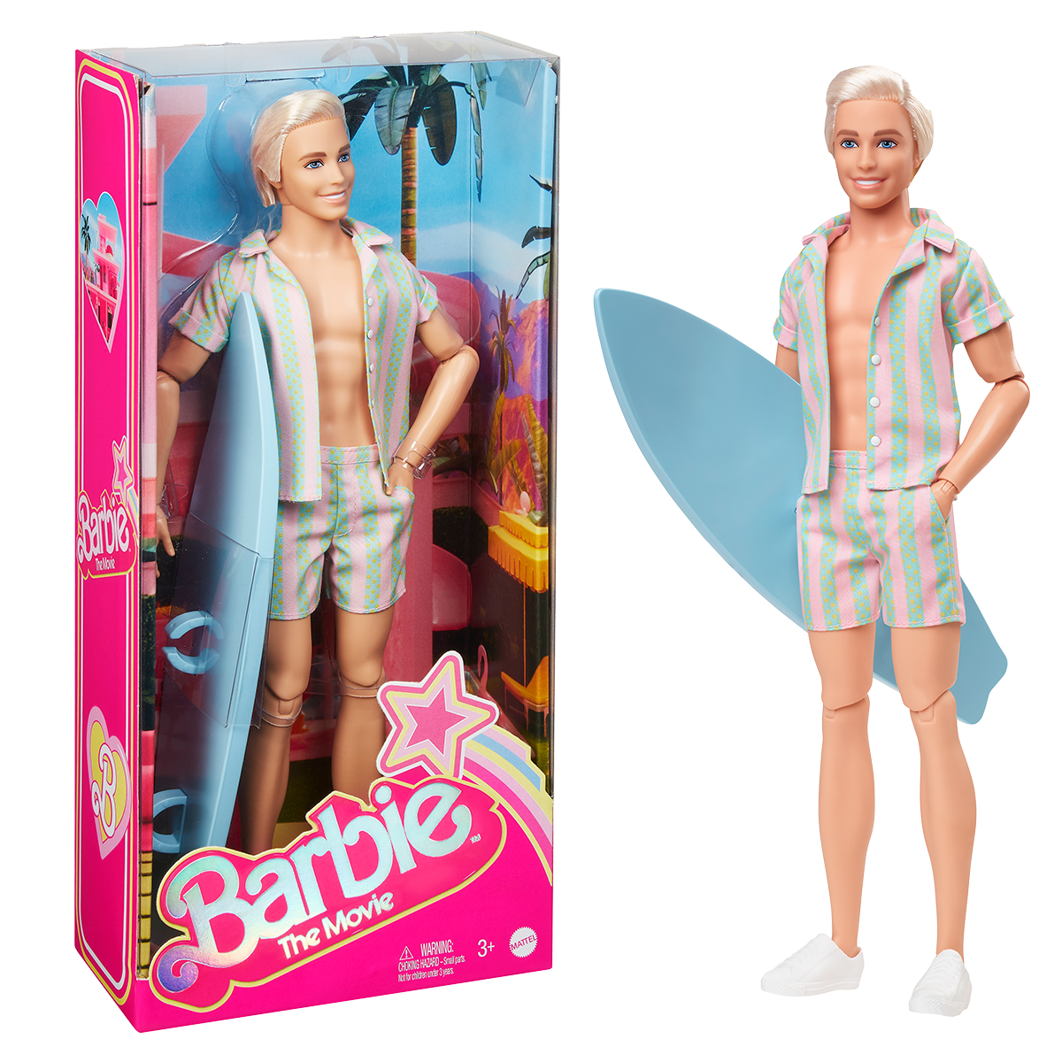 Barbie The Movie  Ken Doll Wearing Pastel Striped Beach Matching Set